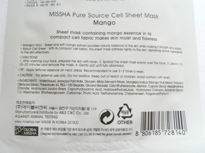 Missha Pure Source Cell Sheet Mask Mango Claims