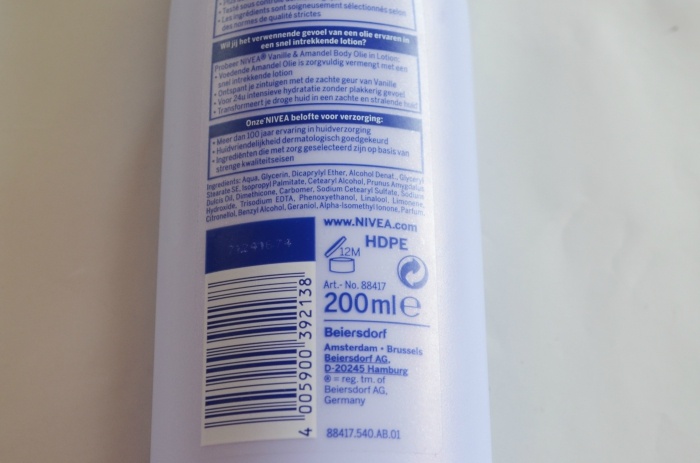 Nivea Oil in Lotion Vanilla and Almond Oil Lotion Review Ingredients new