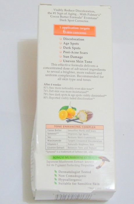 Palmers Cocoa Butter Formula Eventone Dark Spot Corrector Review Side view pack