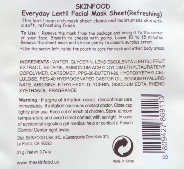 Skin Food Everyday Lentil Facial Mask Sheet ingredients