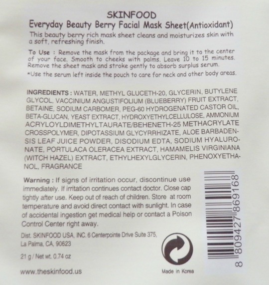 Skinfood Everyday Beauty Berry Facial Mask Sheet ingredients