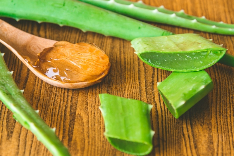 Aloe vera gel on wooden spoon with aloe vera on wooden table. Selective focus