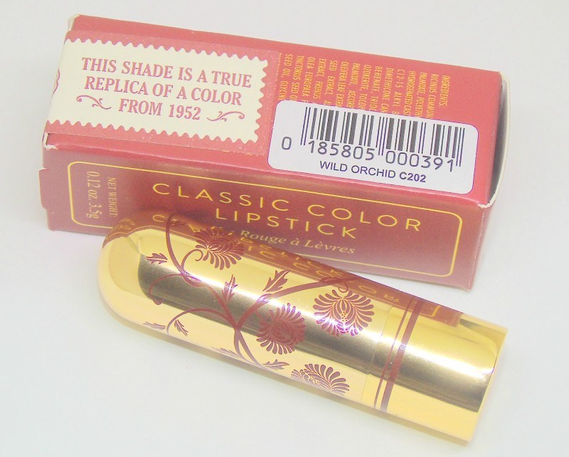 Besame Cosmetics 1952 Wild Orchid Lipstick Review Details with lipstick