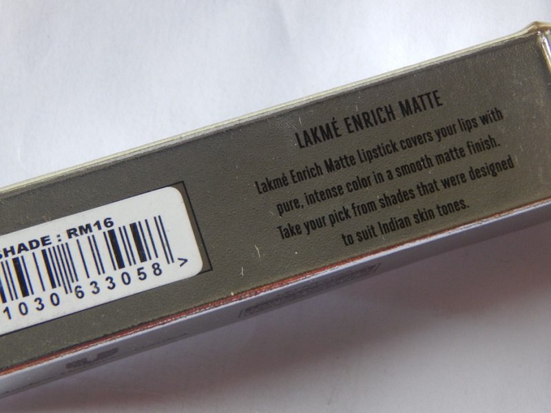 Lakme Enrich Matte Lipstick RM 16 label