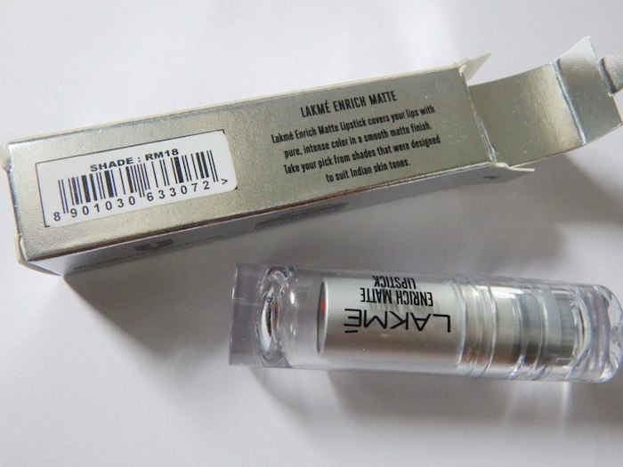Lakme Enrich Matte Lipstick RM18 shade label