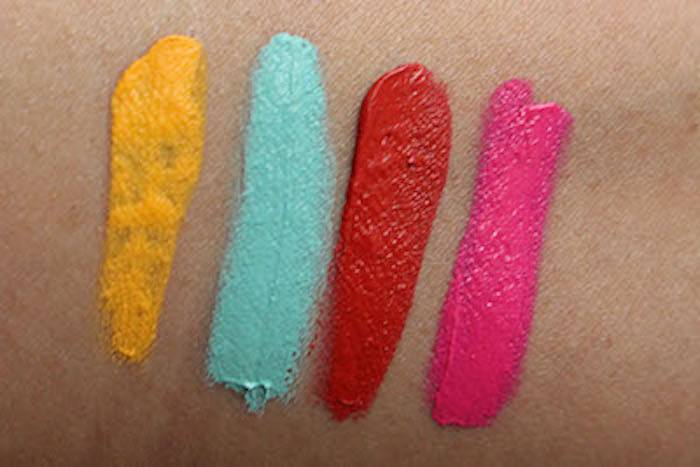 Make Up For Ever Aqua XL Color Paint Eye Shadow Matte Yellow Matte Turquoise Matte Red Matte Fuchsia swatches on hand
