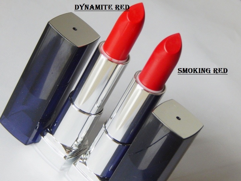 Maybelline The Loaded Bolds by Colorsensational Lipstick Dynamite Red and Smoking red lipstick tubes