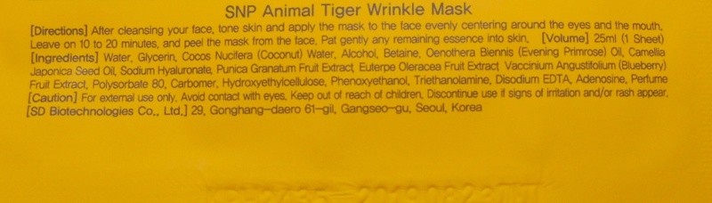 SNP Animal Tiger Wrinkle Mask Sheet Review Ingredients