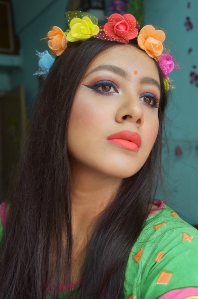 Step by Step Makeup Tutorial Blue and Orange Floral Makeup Look Face