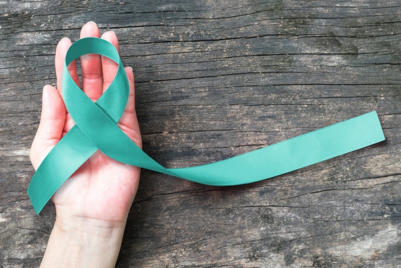 Teal awareness ribbon symbolic bow color for Ovarian Cancer, PCOS and PTSD Illness
