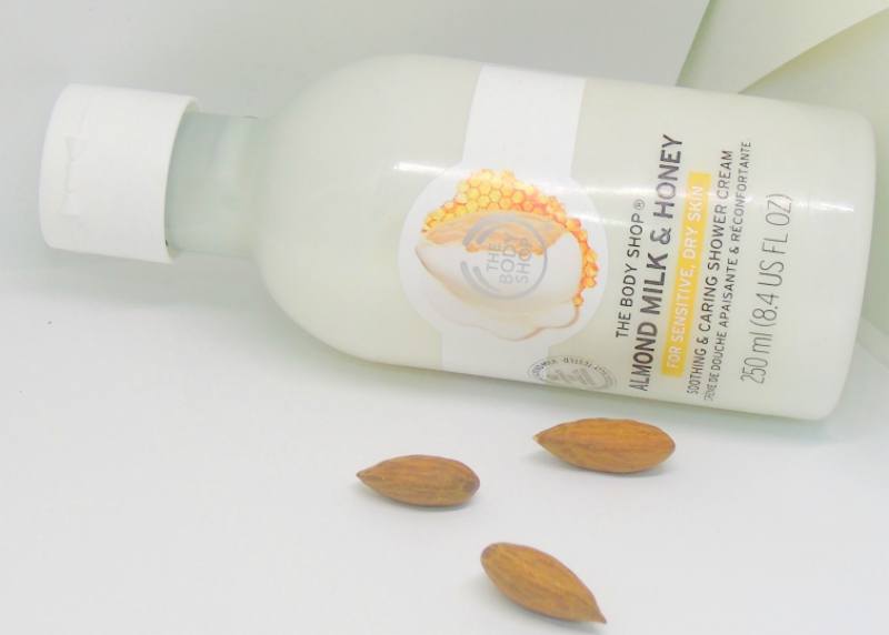 The Body Shop Almond Milk & Honey Soothing & Caring Shower Cream Review Bottle Laid Down