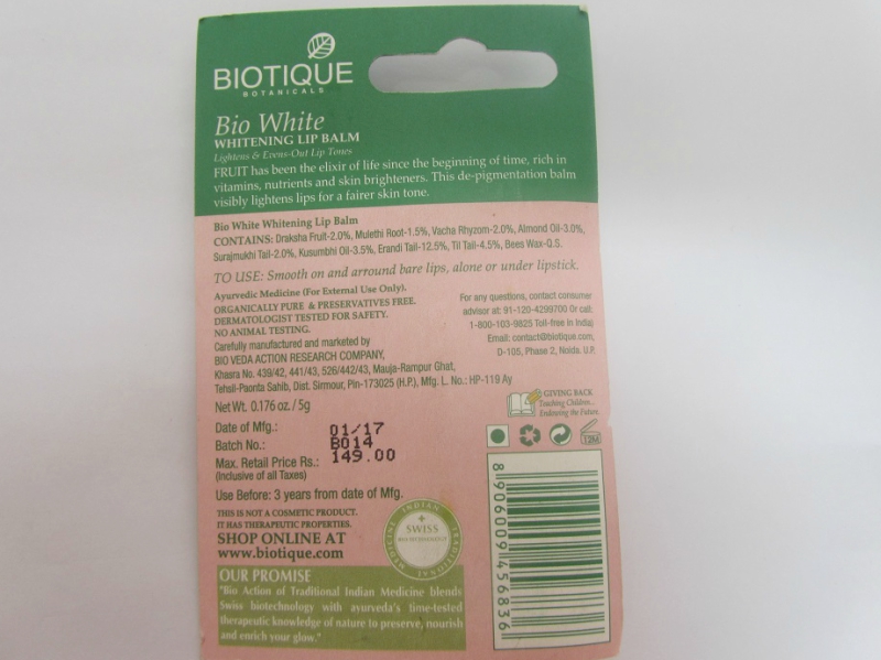 Biotique Bio White Whitening Lip Balm Review Packaging Back
