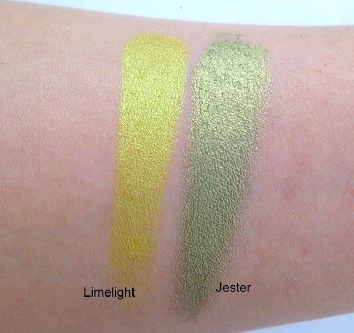 Makeup Geek Foiled Eyeshadow Limelight and Jester swatches