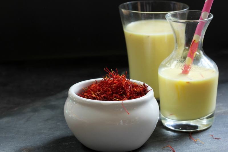 Saffron Milk Healthy Drink for Ramadan fasting, selective focus