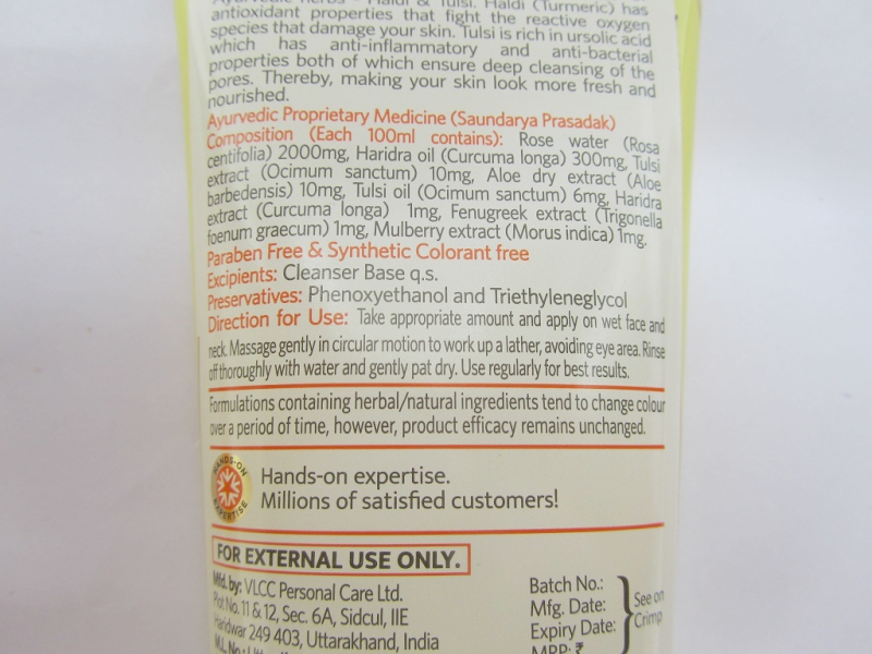VLCC Ayurveda Deep Pore Cleansing and Brightening Haldi and Tulsi Facewash Review Back